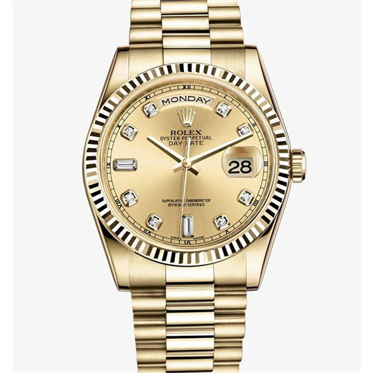 高仿勞力士全金手錶，rolex星期日歷型218238，全18K金表盤鑲鉆刻度，黃金色表殼表帶，瑞士機械機心，一比一土豪金手錶，noob完美-勞力士Rolex