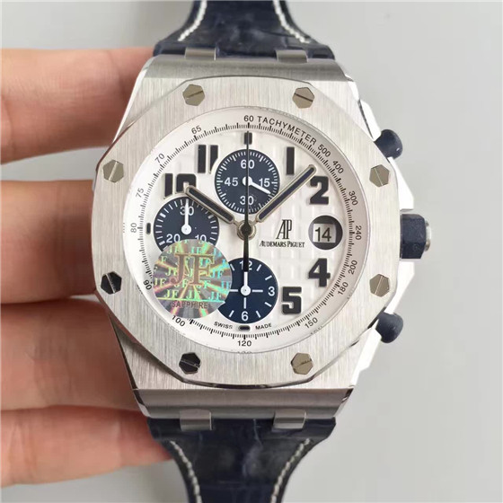 一比一愛彼 Royal Oak Offshore皇家橡樹離岸型26170，2326計時機械表，AP蝴蝶扣皮帶手錶，白面蓝字，台湾JF廠最好版本，密底最乱真-愛彼Audemars Piguet