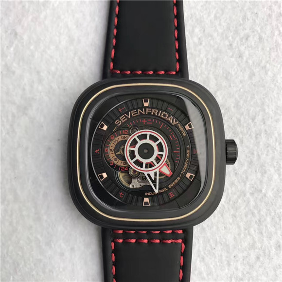 超级复刻Sevenfriday7个星期五男士手表,超A一比一Sevenfriday中国特别限量版＂Lucky＂，黑色PVD材料，机械机芯，黑色表盘，牛皮表带。-SevenFriday7个星期五