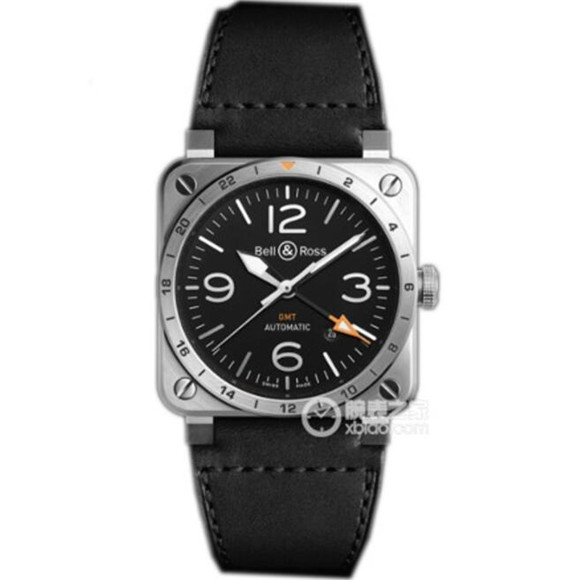 BR 1比1 柏萊士機械表，高仿柏萊士 Bell & Ross，柏萊士AVIATION系列BR 03-93 GMT腕錶，精鋼方形錶殼，藍寶石玻璃，牛皮錶帶手錶-柏萊士 Bell & Ross